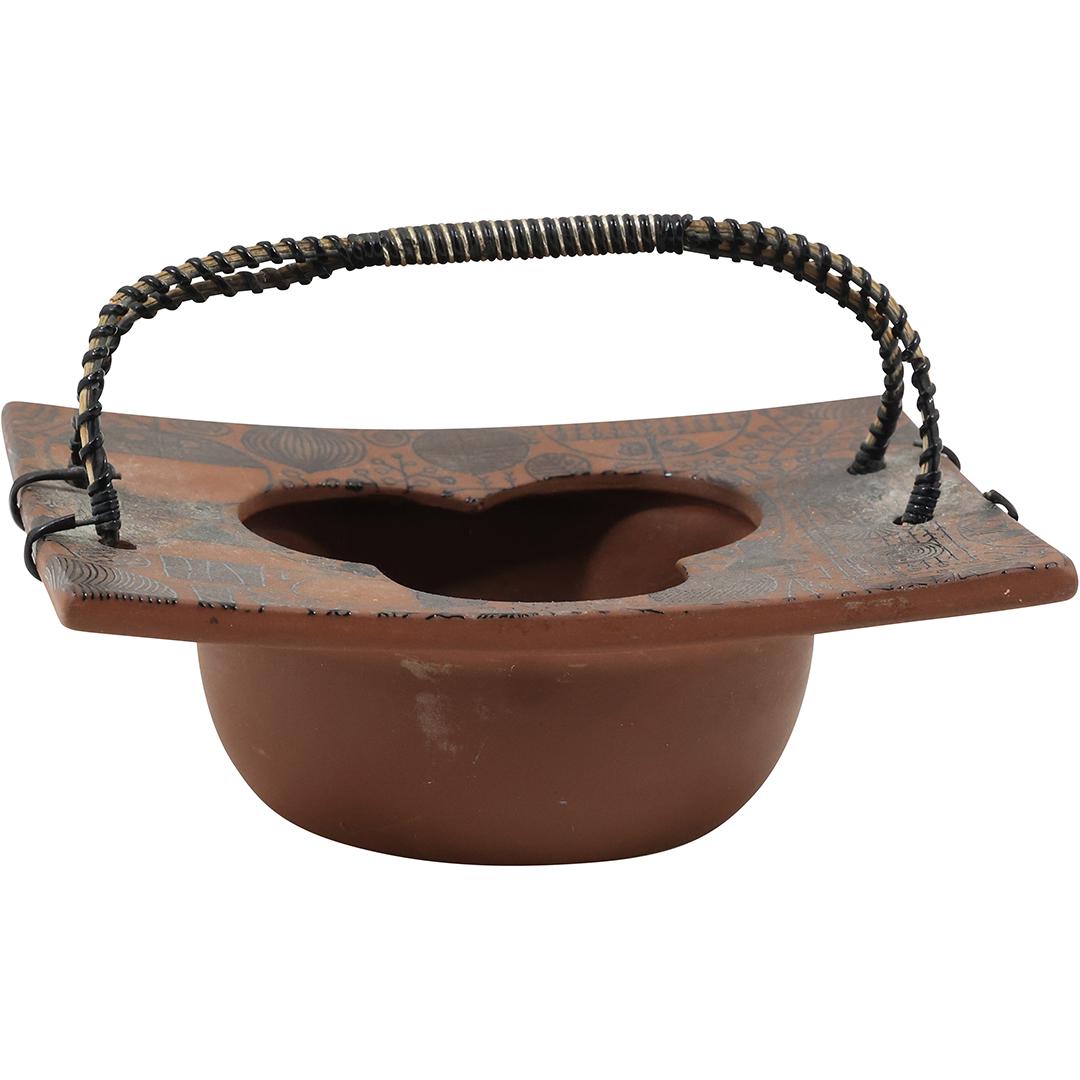 Unique Small Japanese Redware Pottery Decorated Bowl with Reed Handle (1 of 20)