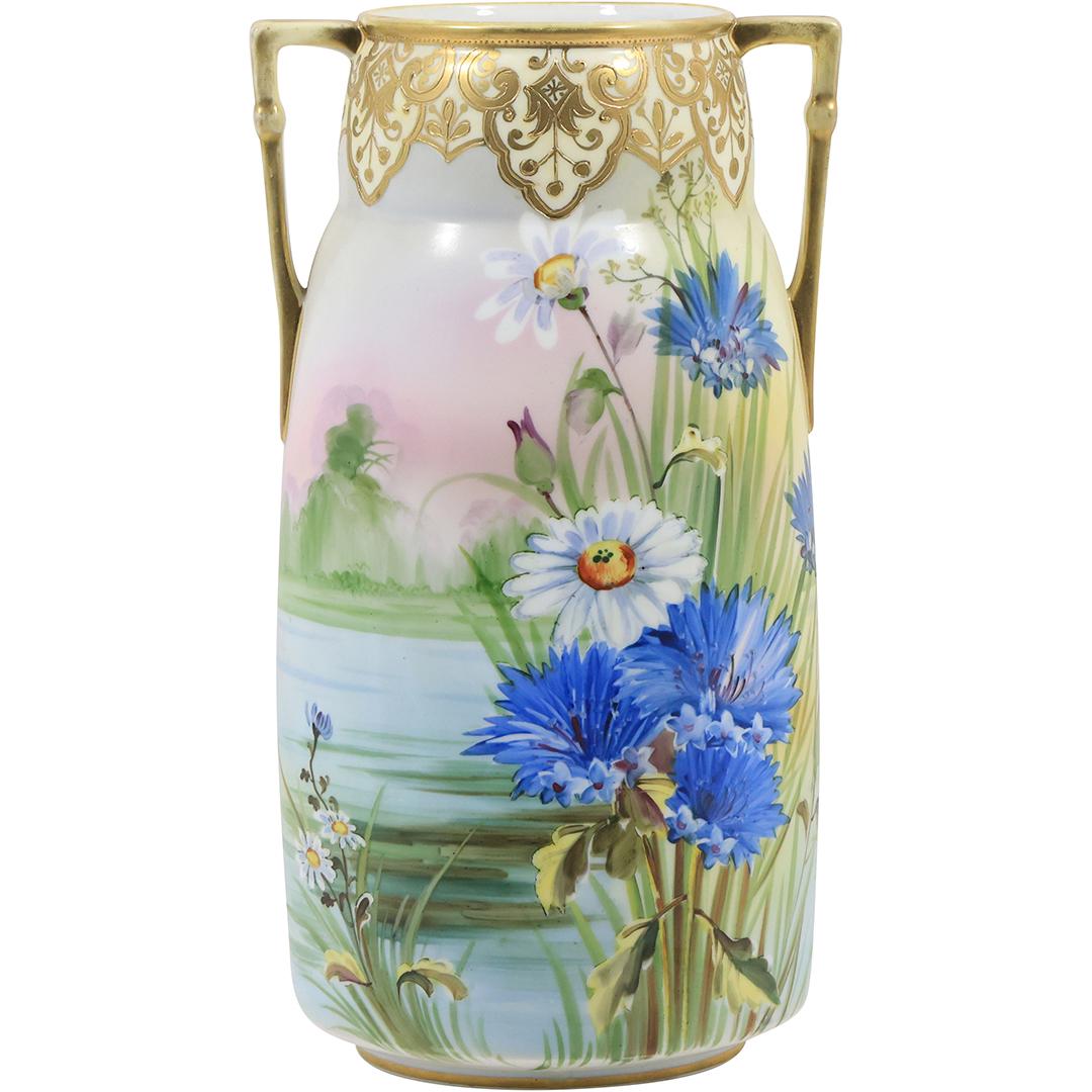 Hand Painted NIPPON Fine Porcelain Vase Decorated Flowers in Marsh Landscape 10.25 in. h.: Hand Painted NIPPON Fine Porcelain Vase Decorated Flowers in Marsh Landscape, gold accents. 10.25 in. h. size: 10.25 inchesheight; 5 inches wide