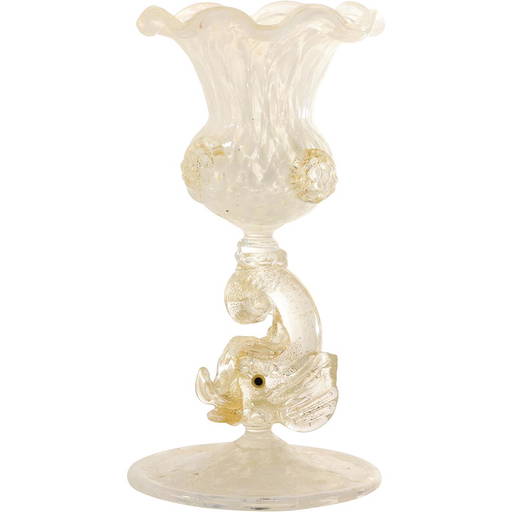 White Italian Glass Chalice With Dolphin Figure Post 5.75 Inches Height