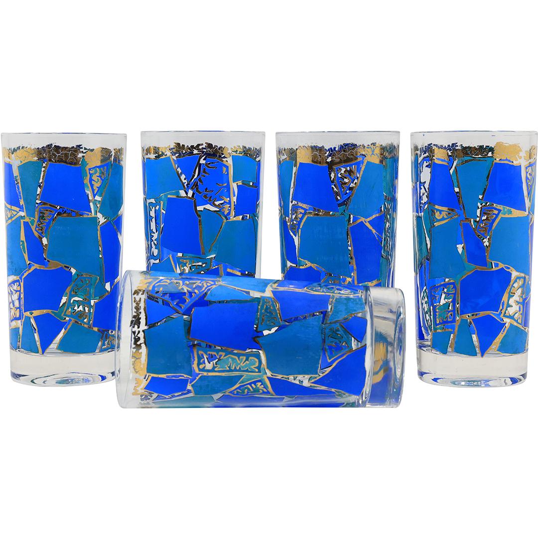 [5] Blue Stain Glass Pattern Cocktail Glasses Style of Georges Briard (1 of 16)