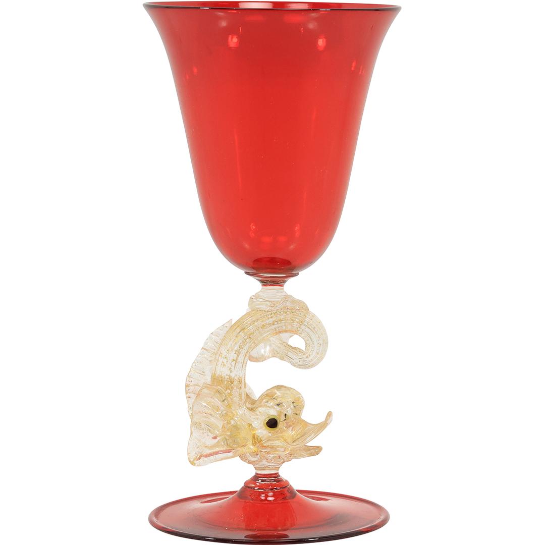 Venetian Red Art Glass Chalice with Dolphin Figure Stem 7.5 inches height: Venetian Red Art Glass Chalice with Dolphin Figure Stem 7.5 inches height. size: h 7.5 L 3.5