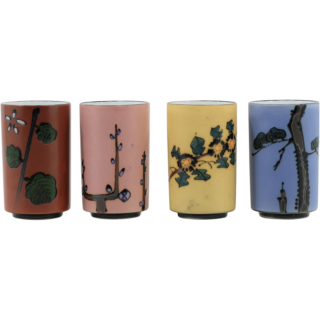 [4] Asian Modern Ceramic Multi Color Goblets: [4] Asian Modern Ceramic Multi Color Goblets. size: h 3.75 L 2.25