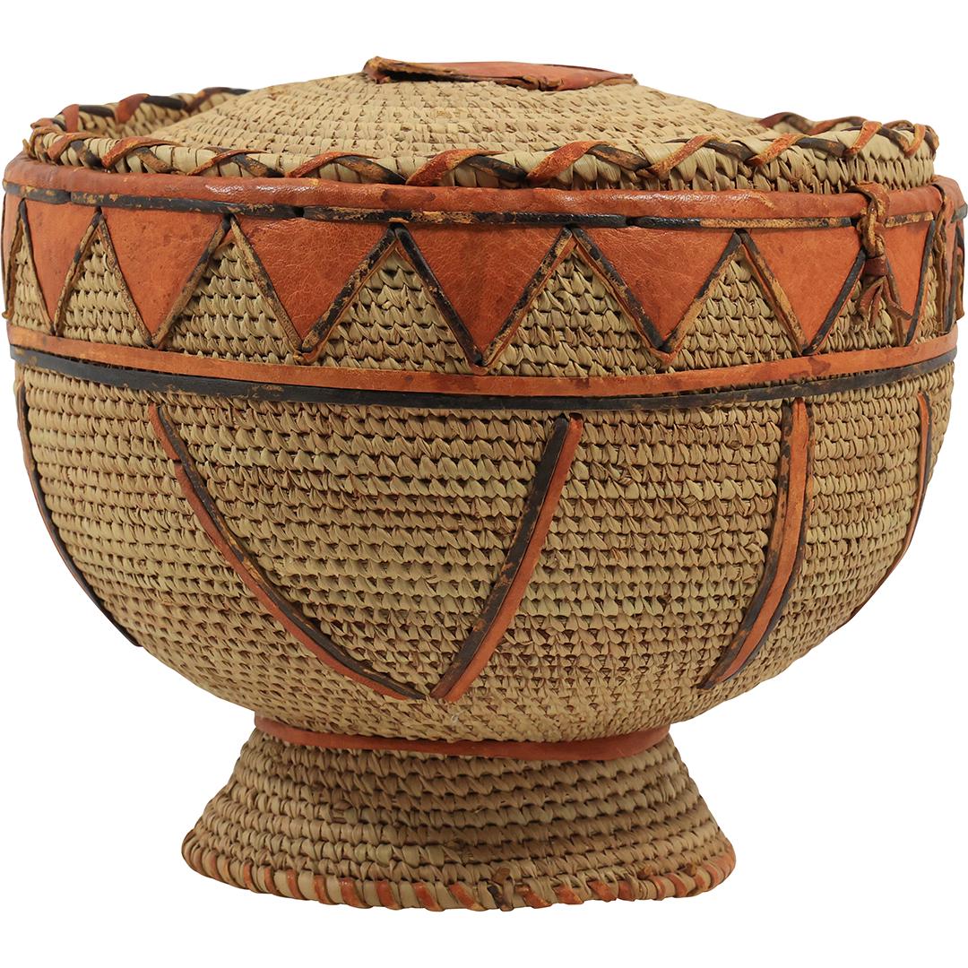 Unique Native American Covered Reed Basket with Applied Leather Decoration 10 inches dia. (1 of 20)