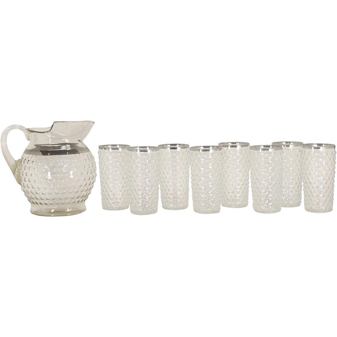 Vintage Clear Crystal Glass Hobnail Lemonade Set Pitcher with 8 Glasses Silver Rims (1 of 20)
