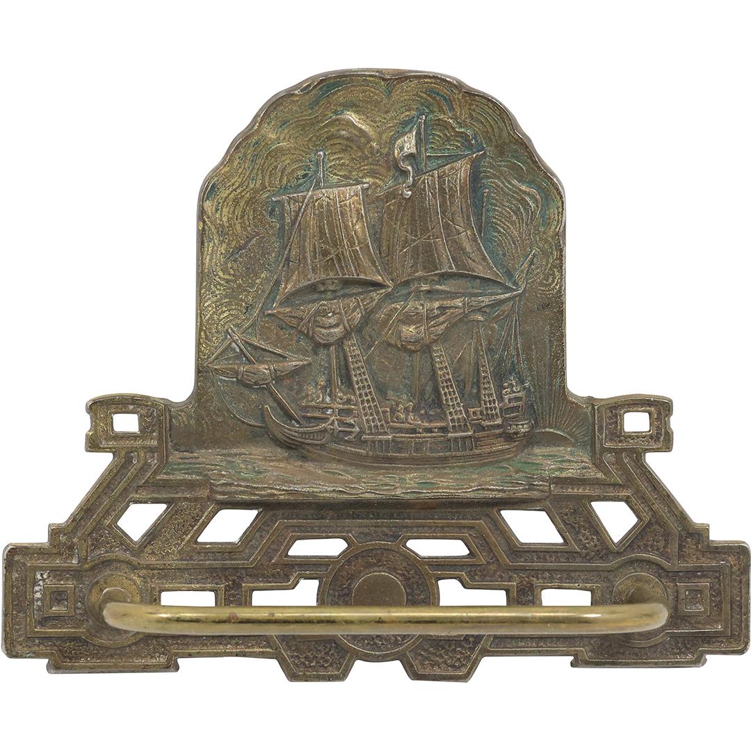 Vintage Cast Brass Sailing Vessel Wall Mount Tie Rack - Original Patina (1 of 14)