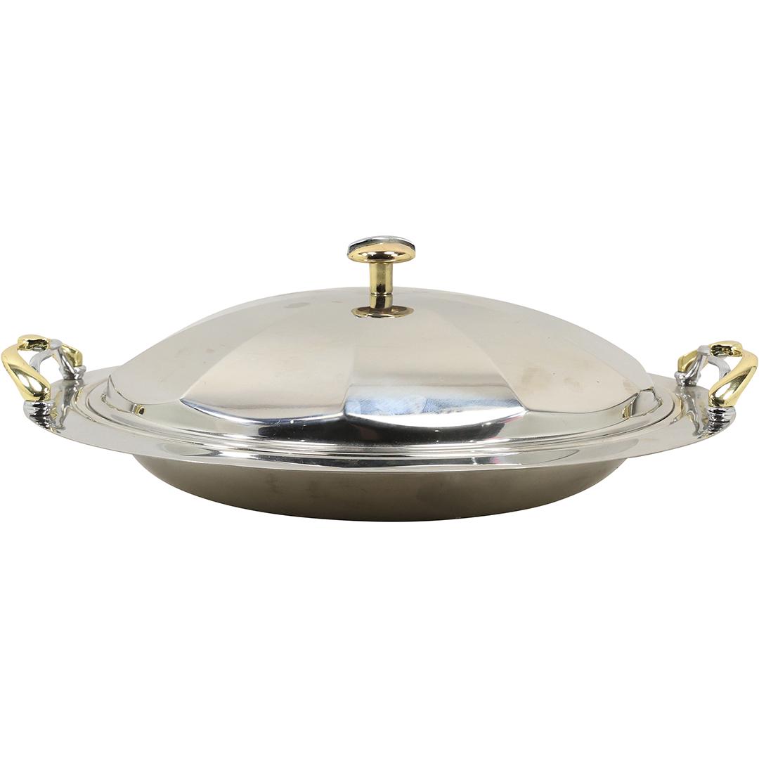 Inox Italy Chrome Casserole Covered Dish with Brass Handles: Inox Italy Chrome Casserole Covered Dish with Brass Handles. size: h 4.5 L 13.5