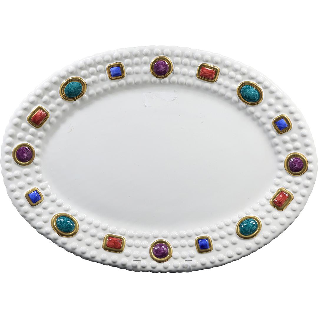 Signed MARYSE BOXER Italy Oval White Ceramic Platter with Jeweled Rim Border 22 inches (1 of 20)