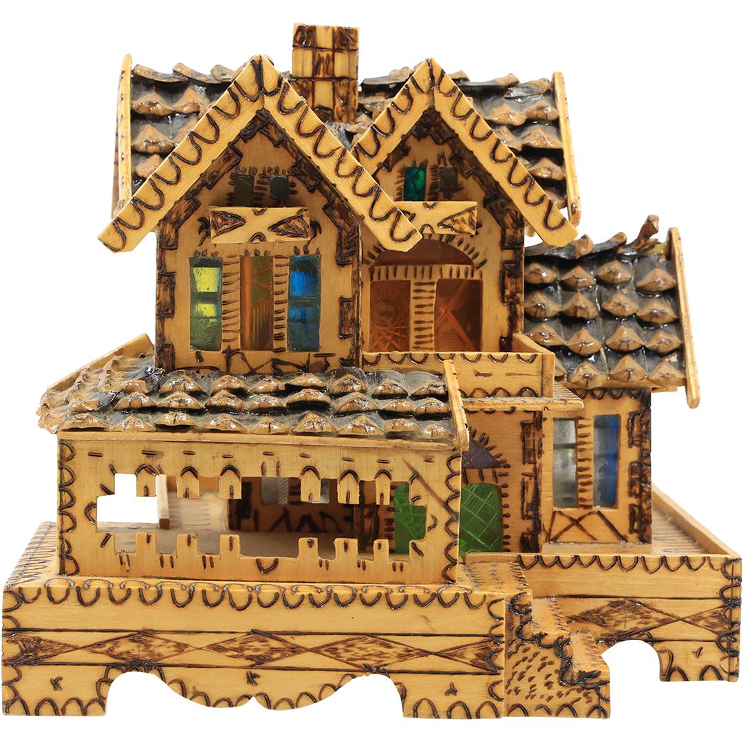 20th C. Folk Art , Tramp Art, Wooden House signed Victorie 1990: 20th C. Folk Art , Tramp Art, Wooden House signed Victorie 1990. size: h 8.5 L 9