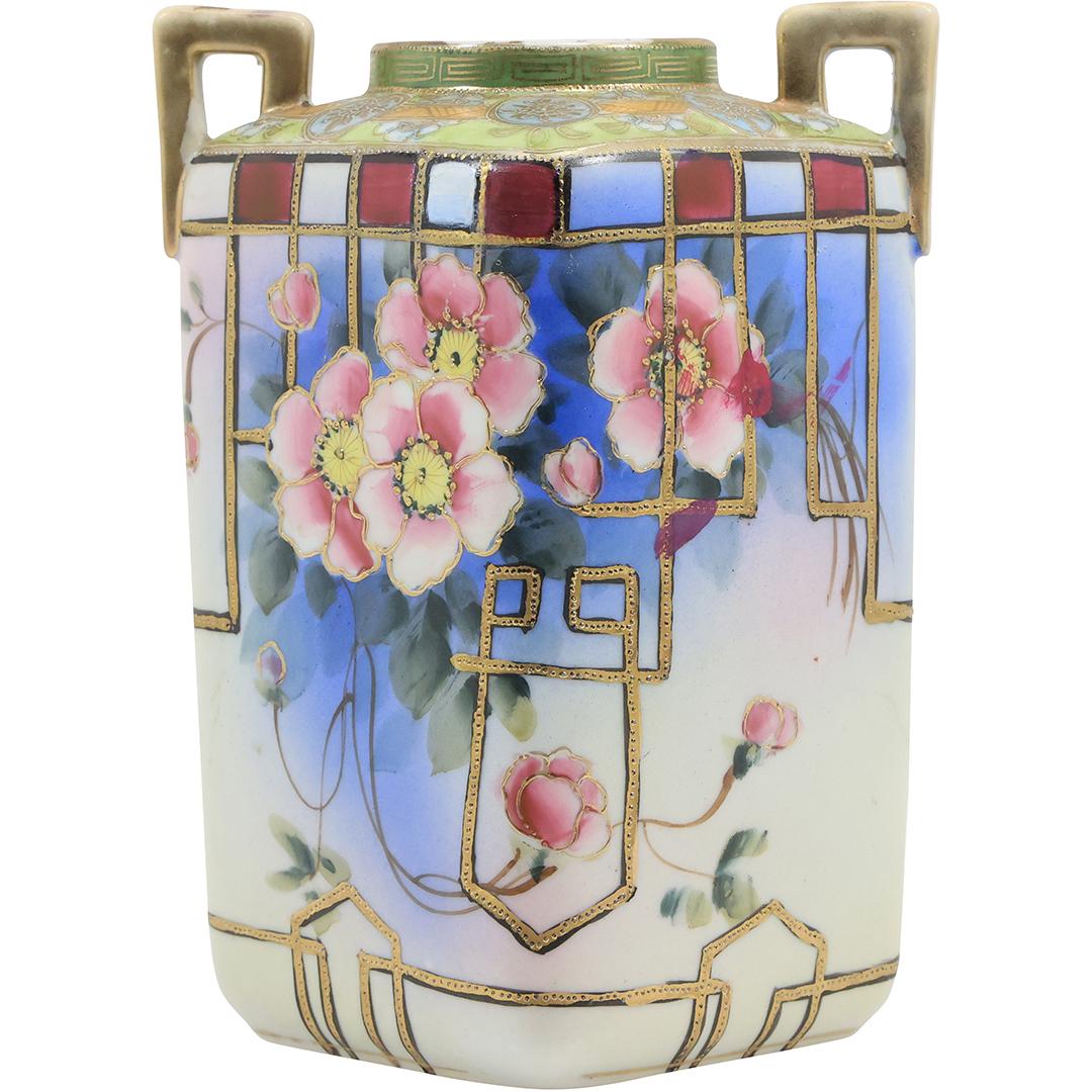 IMPERIAL NIPPON Fine Porcelain Square Vase with Handles Floral Drecorated 8 inches height: IMPERIAL NIPPON Fine Porcelain Square Vase with Handles Floral Drecorated 8 inches height. size: h 8 L 6