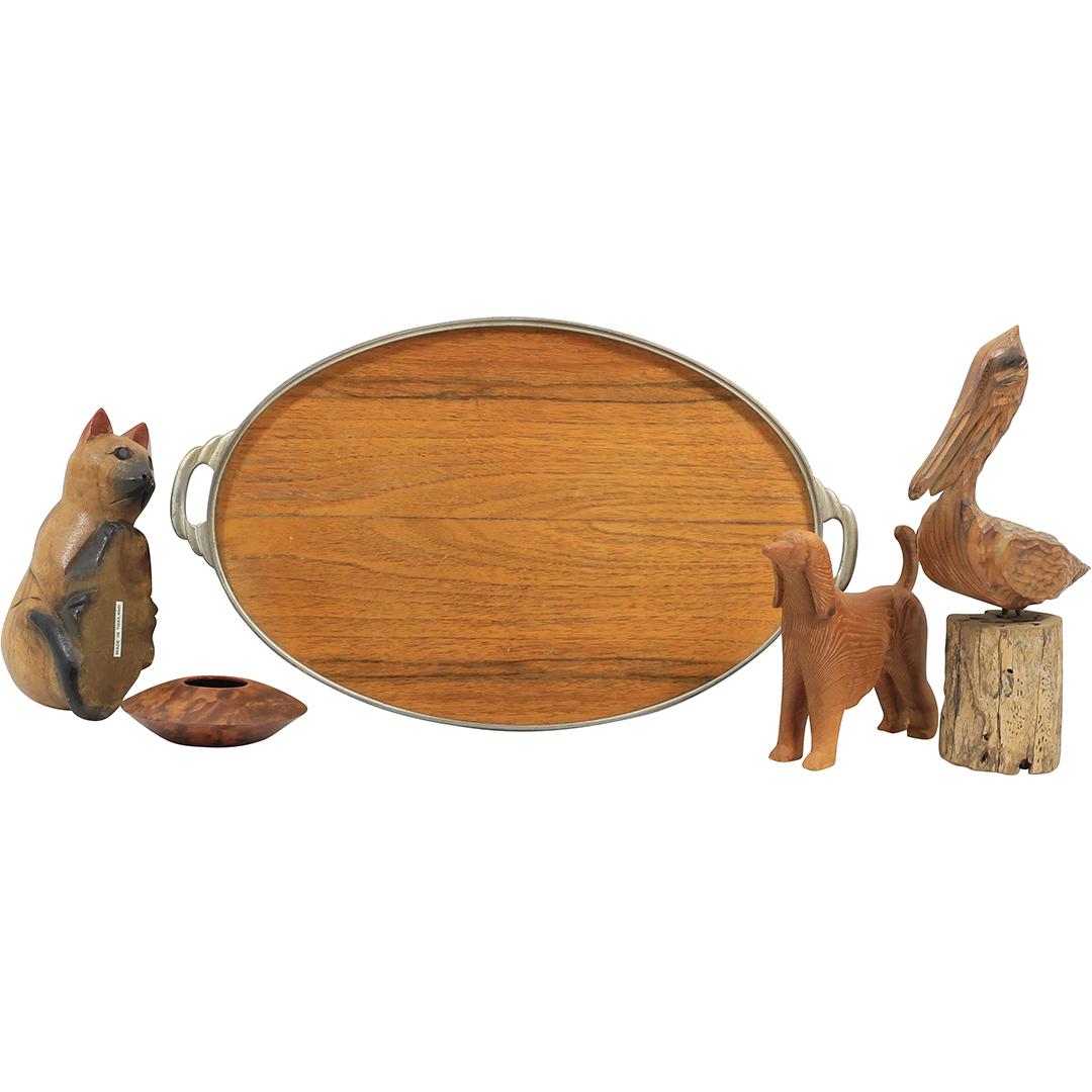 [5] Assorted Wooden Objects: Serving Tray, Dog, Cat, Pelican, Bowl (1 of 18)