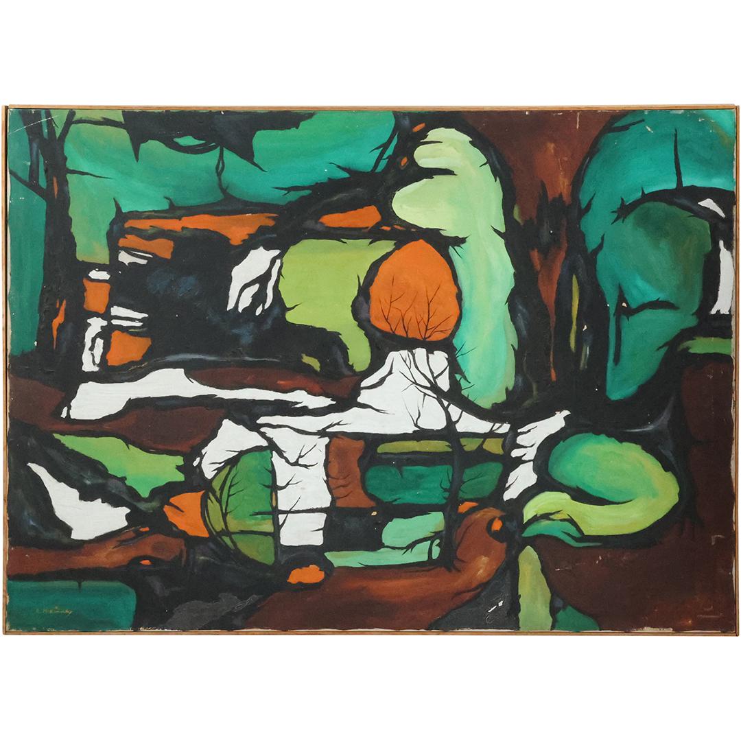 Signed R McKinney, Fine 20th C. Abstract Composition Oil on Canvas Painting, Framed (1 of 20)