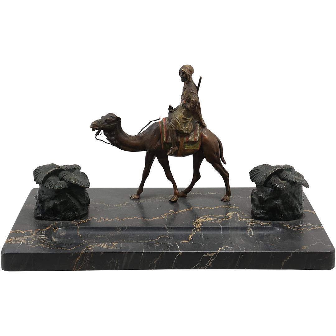 19th C. Bronze Arab on Camel Desk Top Double Inkwell Marble Base 13.5 inches length (1 of 20)