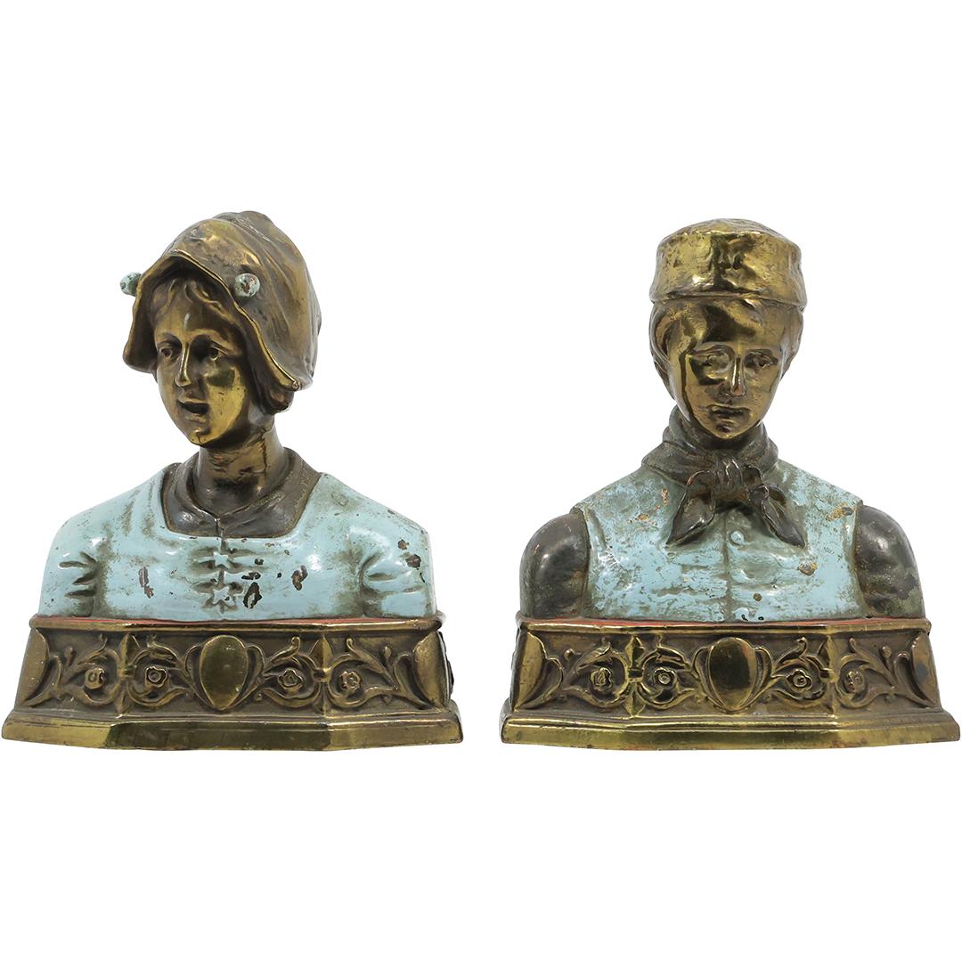 Pompeian Bronze Co. Dutch Boy and Girl Bookends Original Polychrome Patina: Pompeian Bronze Co. Dutch Boy and Girl Bookends Original Polychrome Patina. size: h 7 in. L 6 in.
