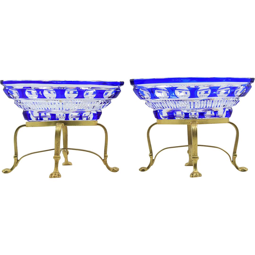 [2] Baccarat Style Cobalt Blue Cut Glass Sweet Meet Bowls on Brass Clawfoot Stands (1 of 19)