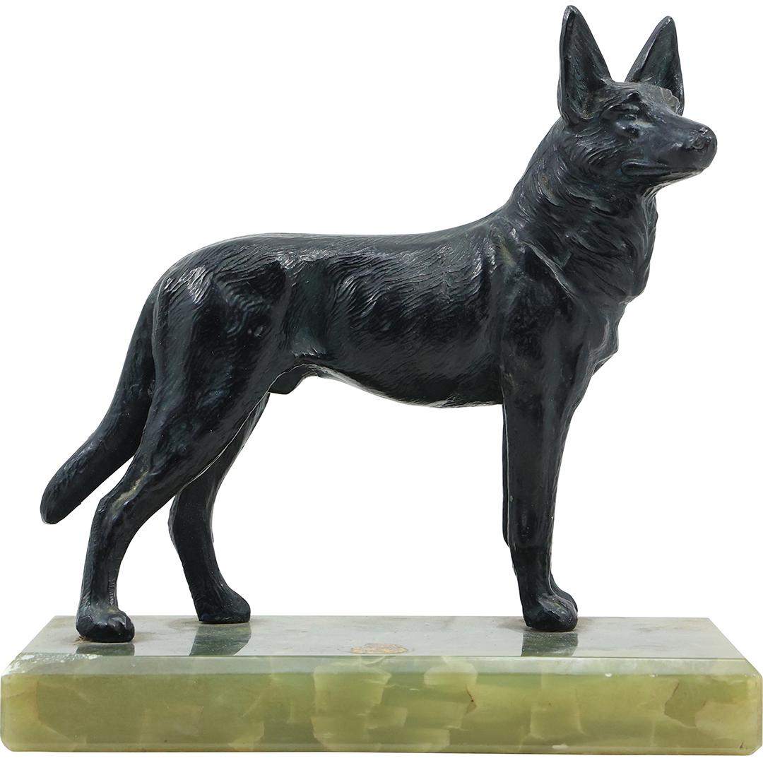 Circa 1930 Cast Metal German Shepard Figure Statue on Green Onyx Base 7 inches height (1 of 18)