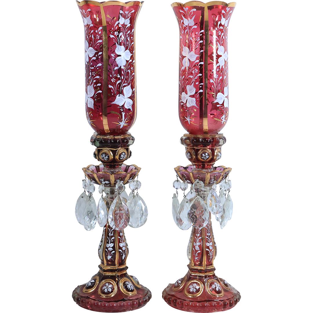 [2] Tall Moser Glass Cranberry with Hand Painted Enamel Floral Hurricane Lamps 21.5 inches (1 of 20)