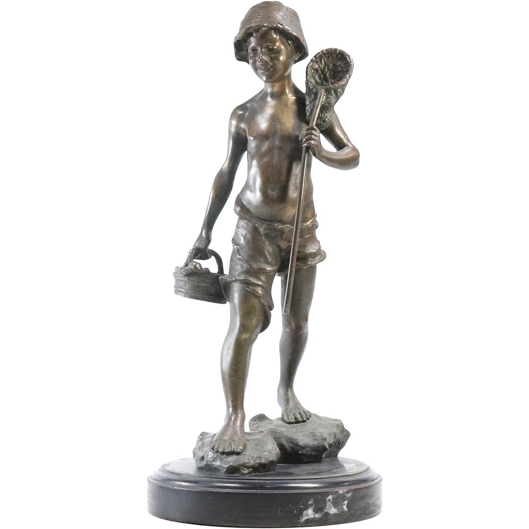 Signed Marin, Bronze Young Boy Holding a Crab Net and Bucket 16.5 inches height (1 of 17)