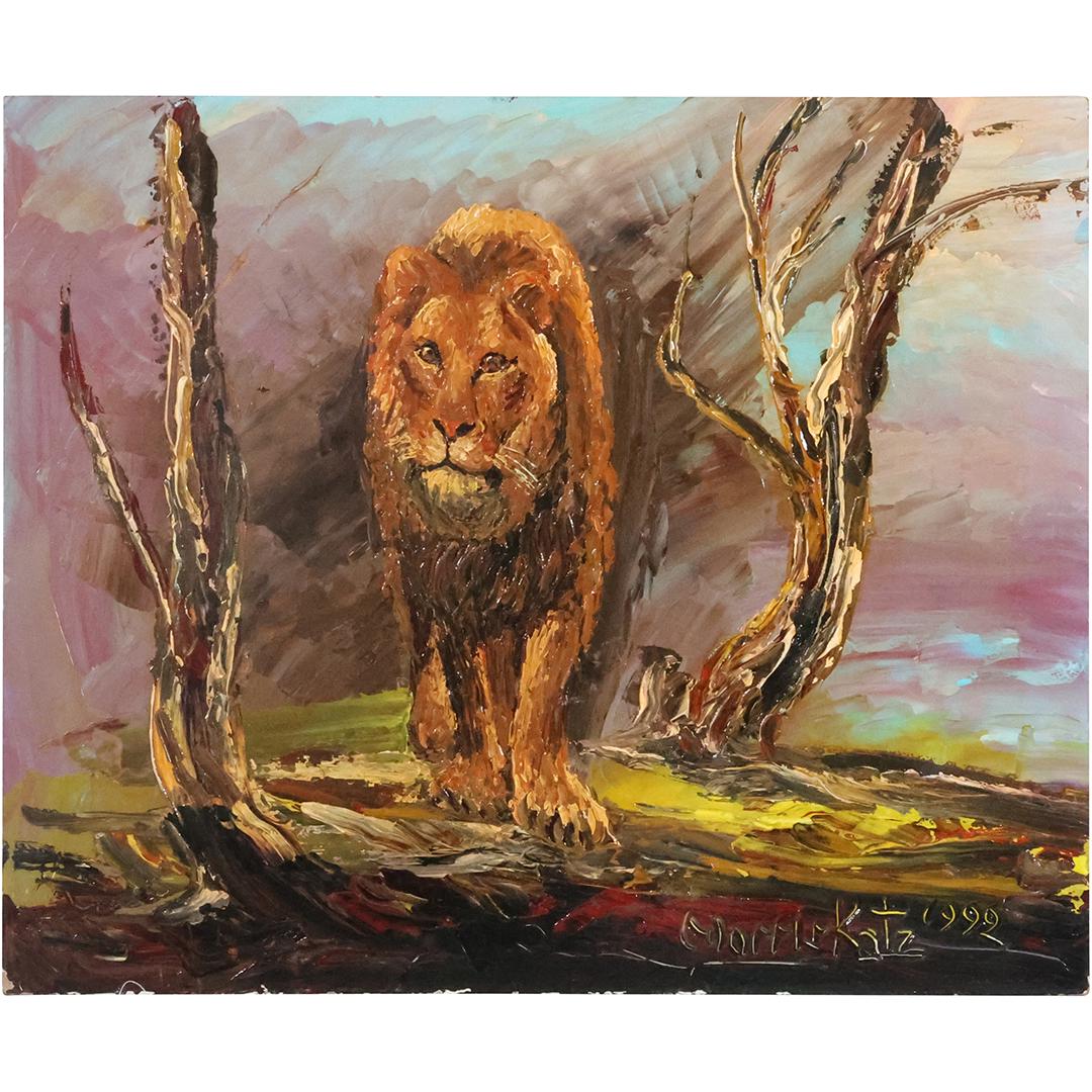 Morris Katz 1999, Jewish American, Acrylic Painting, LION in Natural Setting (1 of 12)
