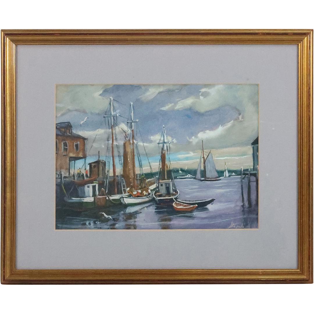 Charles Stepule, American, Waterclor Gouache Painting Gloucester Harbor View, Signed (1 of 13)
