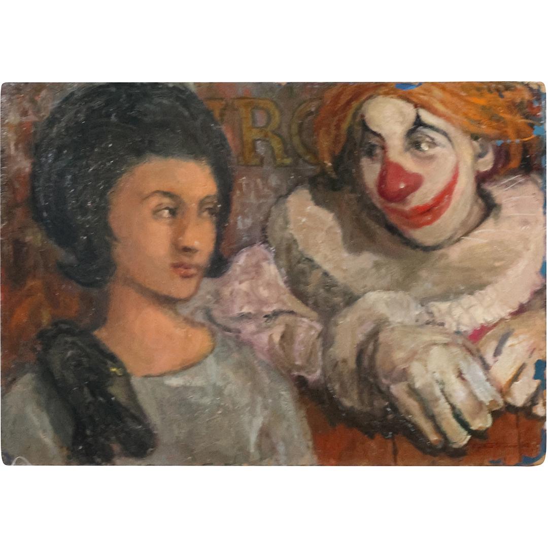 E J Hartman 1962, Oil on Board Painting Young Woman and Clown, Signed (1 of 12)