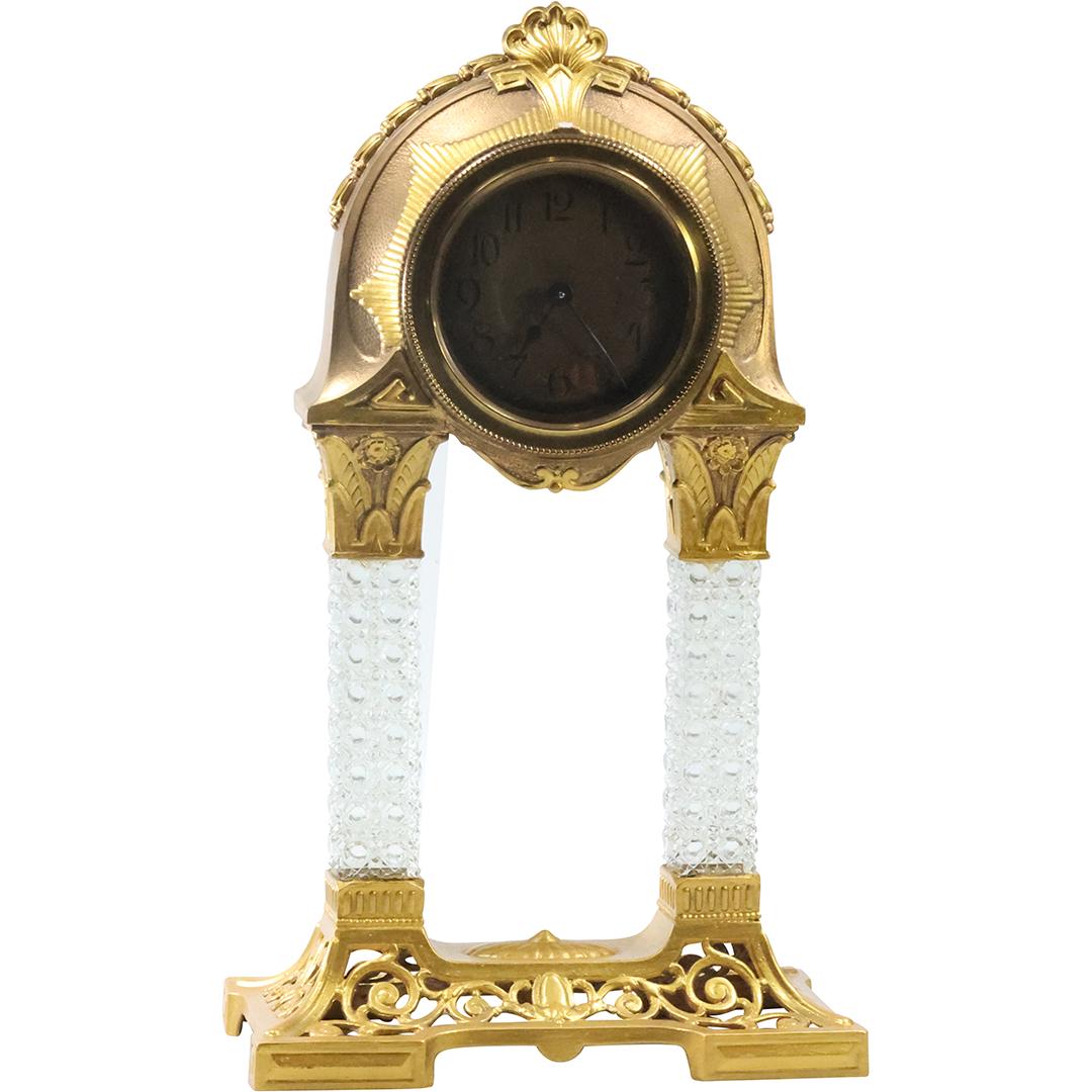 Circa 1920s Cast Metal with Crystal Glass Columns "Arch" Mantle Clock, Gold Patina (1 of 18)