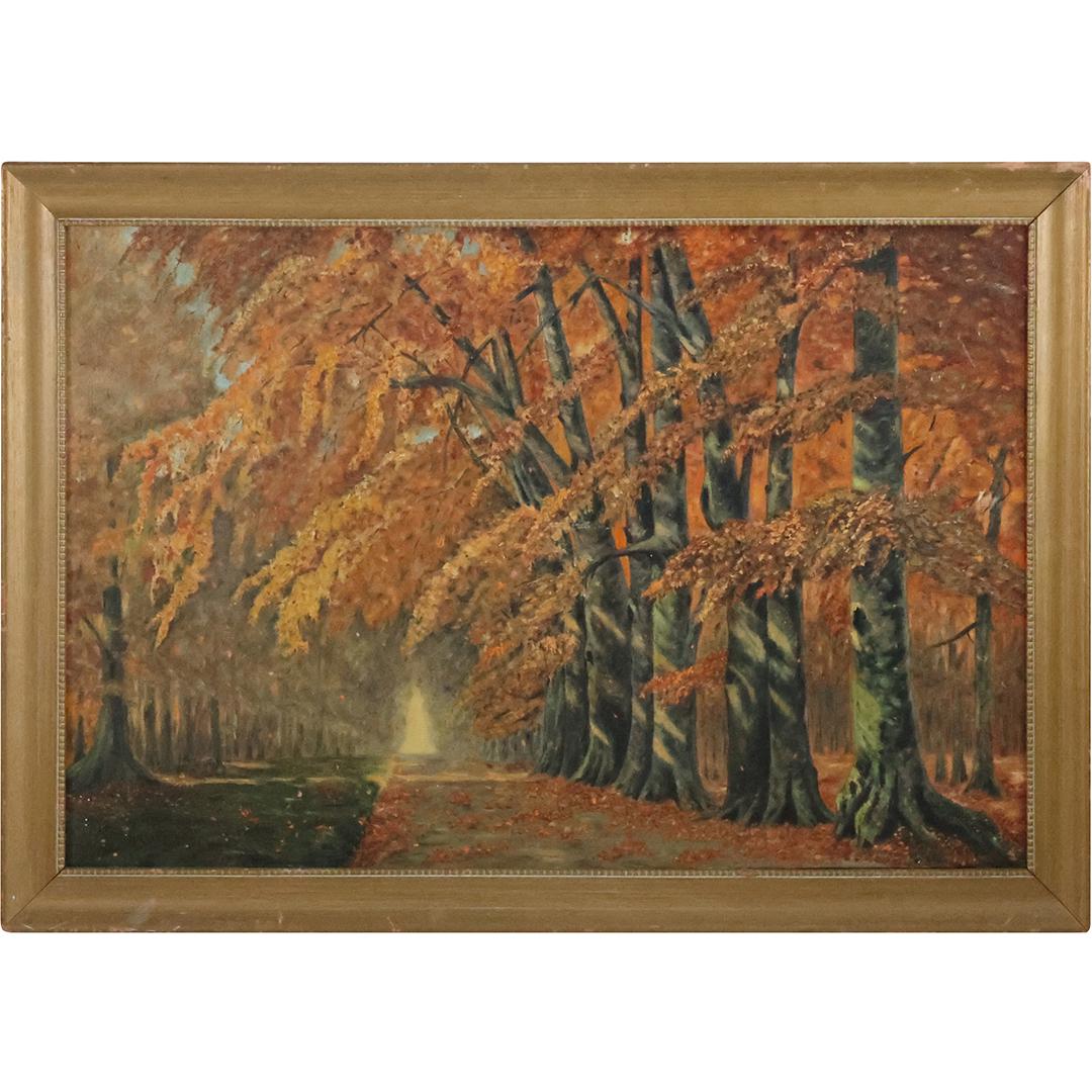 Vintage Oil on Canvas Painting Autumn Landscape Path Through Dense Woodland, Framed (1 of 13)