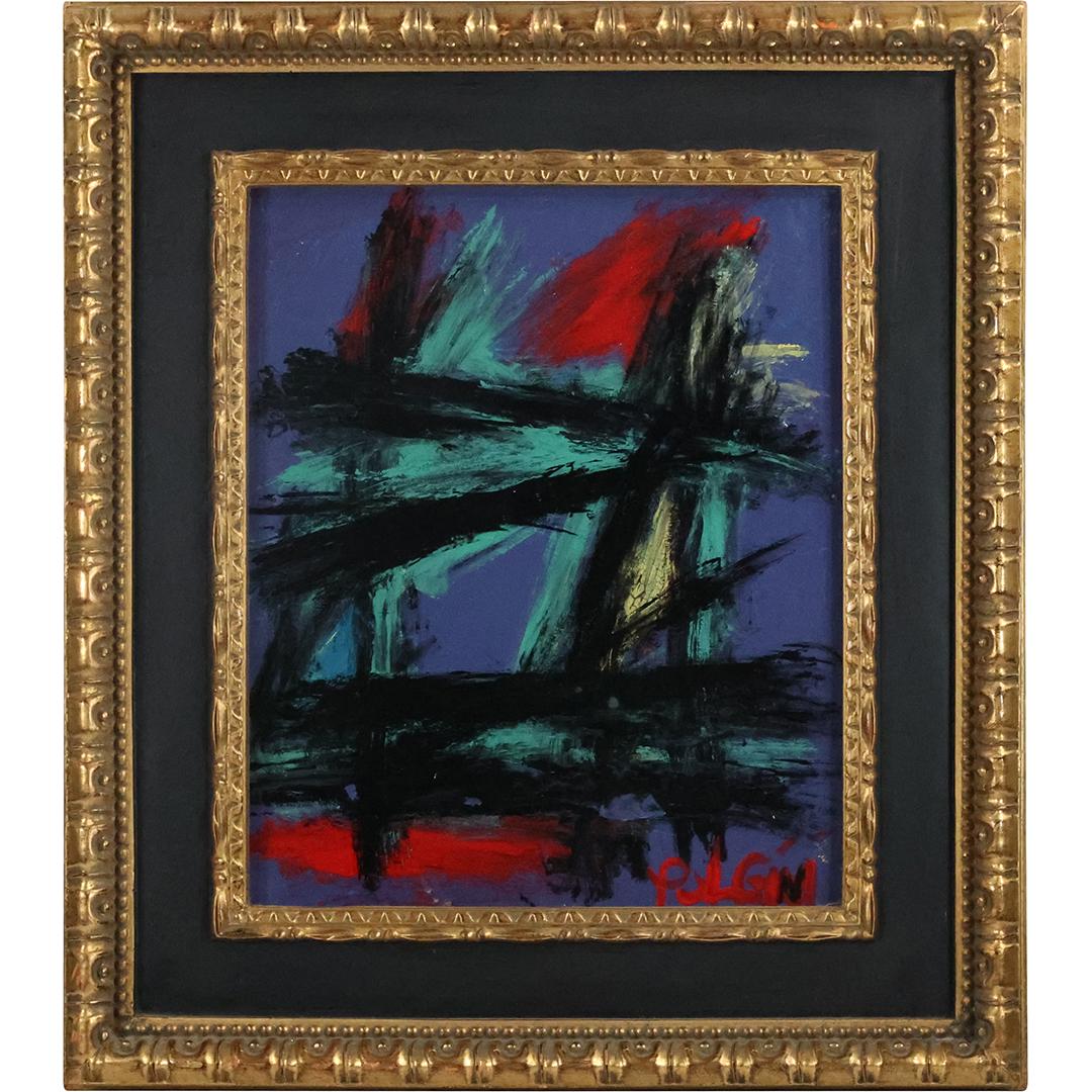 Thomas Pulgini, American, Oil on Board Painting ABSTRACT BLACK LINES on Color Background: Thomas Pulgini, American, Oil on Board Painting ABSTRACT BLACK LINES on Color Background. Signed, Framed. Well Listed American Artist. size: 24 x 20, 35.5 x 31.5 outside frame. ASKart: Thomas Pulgini,