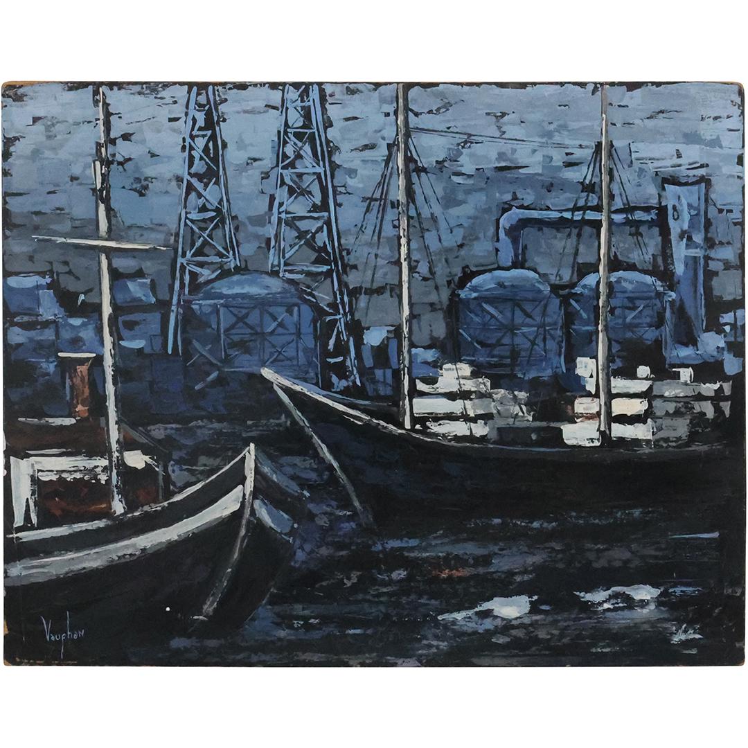 William James Vaughan, Oil on Board Painting, Ships in Port "Blue Transport", Signed (1 of 13)