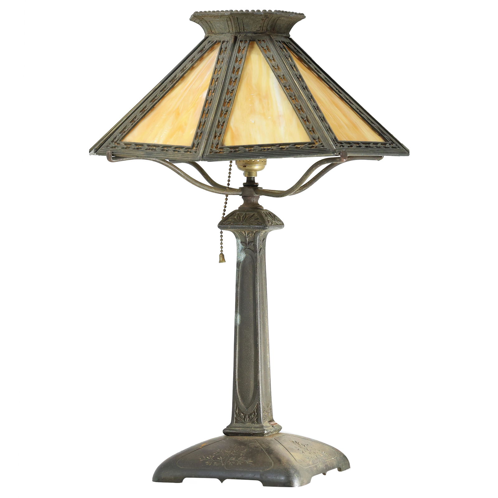 Signed BRADLEY & HUBBARD Shade and Base 8-Panel Slag Glass Table Lamp, All Original (1 of 15)