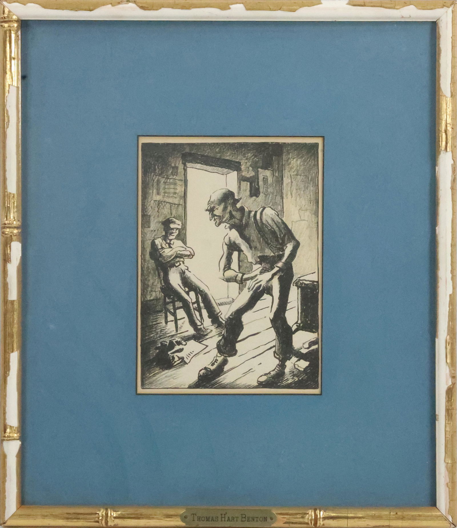 Thomas Hart Benton, Lithograph, Two Men Interior Scene, Framed, Brass Name Tag (1 of 10)
