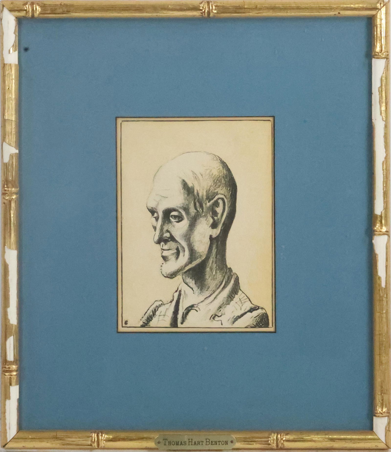 Thomas Hart Benton, Lithograph, Portrait of an Elder Man, Framed, Brass Name Tag. (1 of 10)