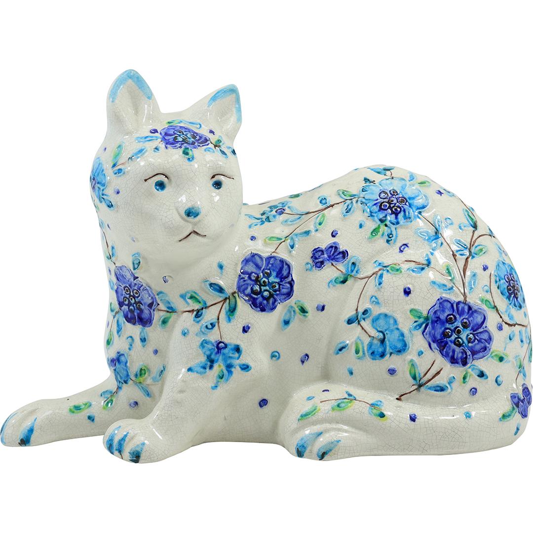 Decorated White Porcelain Cat with Flowers Handpainted Blues 13 inches length: Decorated White Porcelain Cat with Flowers Handpainted Blues 13 inches length. size: 9 in. x 13 in. x 5.75 in. THIS AUCTION HAS SPECIAL PICK UP DATES SPECIAL PICK UP DATES AND TIME-LINE, W/ EXTENDED P