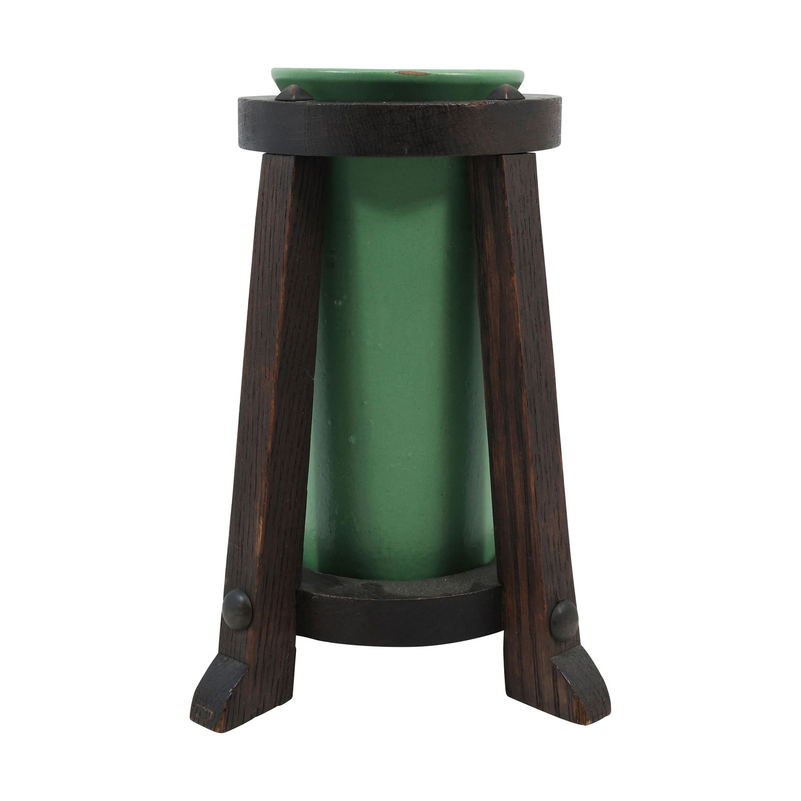 Matte Green Marblehead Pottery Cylindrical Vase in Arts & Crafts Oak Frame Holder (1 of 15)