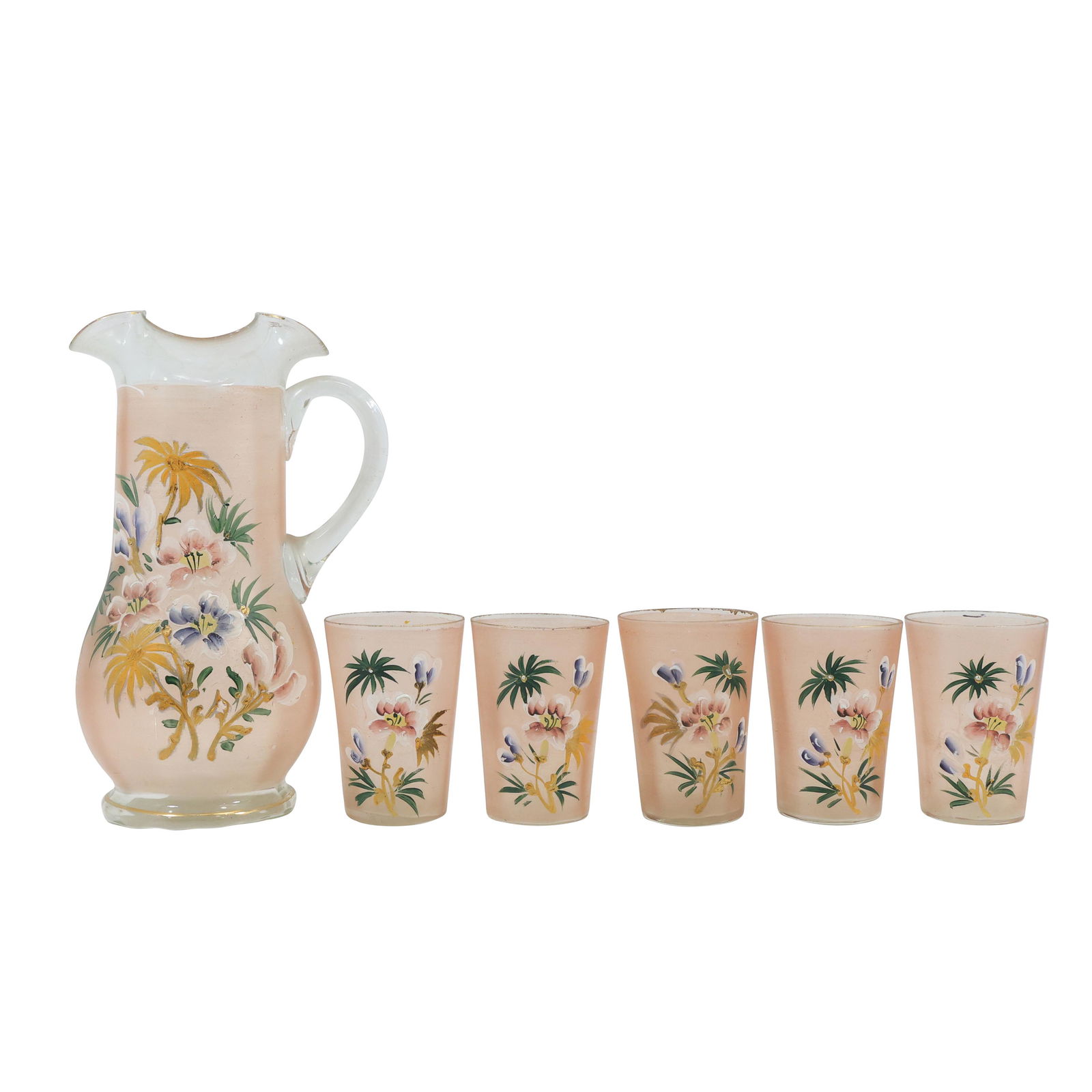 Hand Painted Glass Lemonade Pitcher with 5 Matching Hand Painted Glasses (1 of 20)