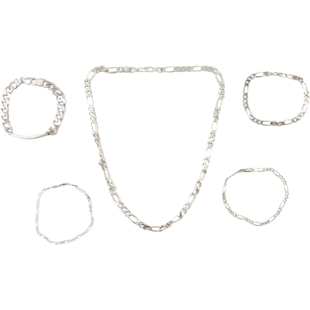 5 Pieces Sterling Silver Cuban Links Necklace, ID Bracelet, [3] Bracelets Weighs 88.3 grams (1 of 15)