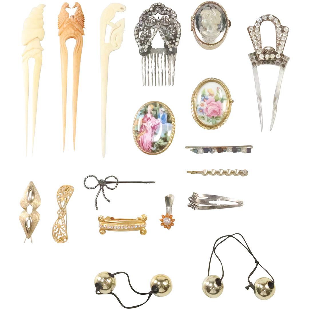 Estate Grouping: 15 Hair Pieces; 2 Pins Aynsley Limoges; Cameo Trinket Box (1 of 13)