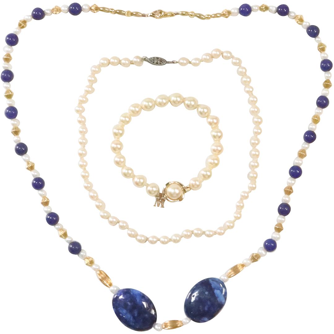 .925 Sterling Majorica Pearl Bracelet; White Cultured Pearls Lapis Beads Necklace; Sterling White (1 of 14)