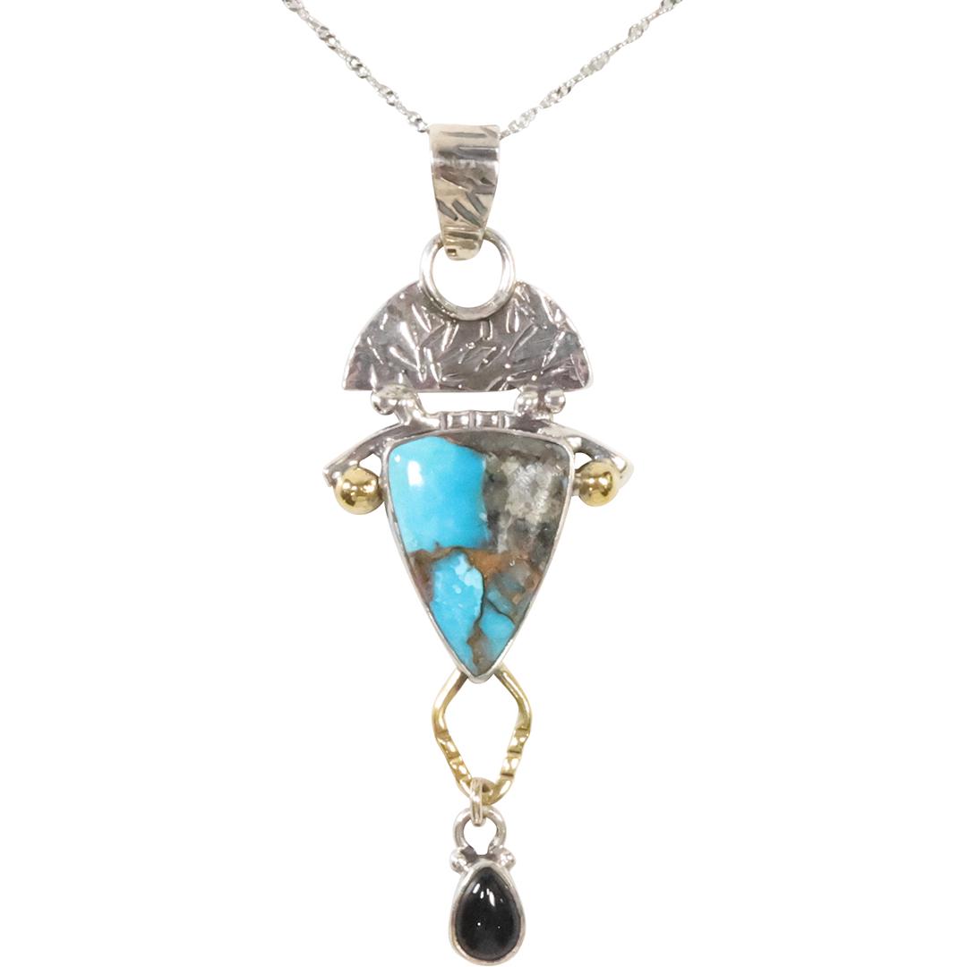 .925 Sterling Silver American Indian Agate & Turquoise Navajo Pendant Necklace 20 in. chain (1 of 8)