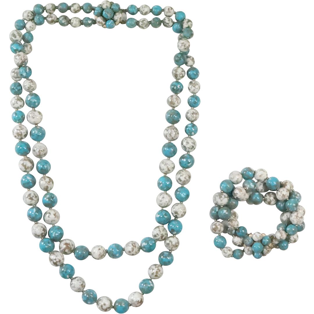 Unsigned 1960s /70s Faux Turquoise Double Strand Necklace & 3-Strand Bracelet: Unsigned 1960s /70s Faux Turquoise Double Strand Necklace 27 in. x 1 in. & 3-Strand Bracelet 8 in. x 1 1/4 in. THIS AUCTION HAS SPECIAL PICK UP DATES SPECIAL PICK UP DATES AND TIME-LINE, W/ EXTENDED P