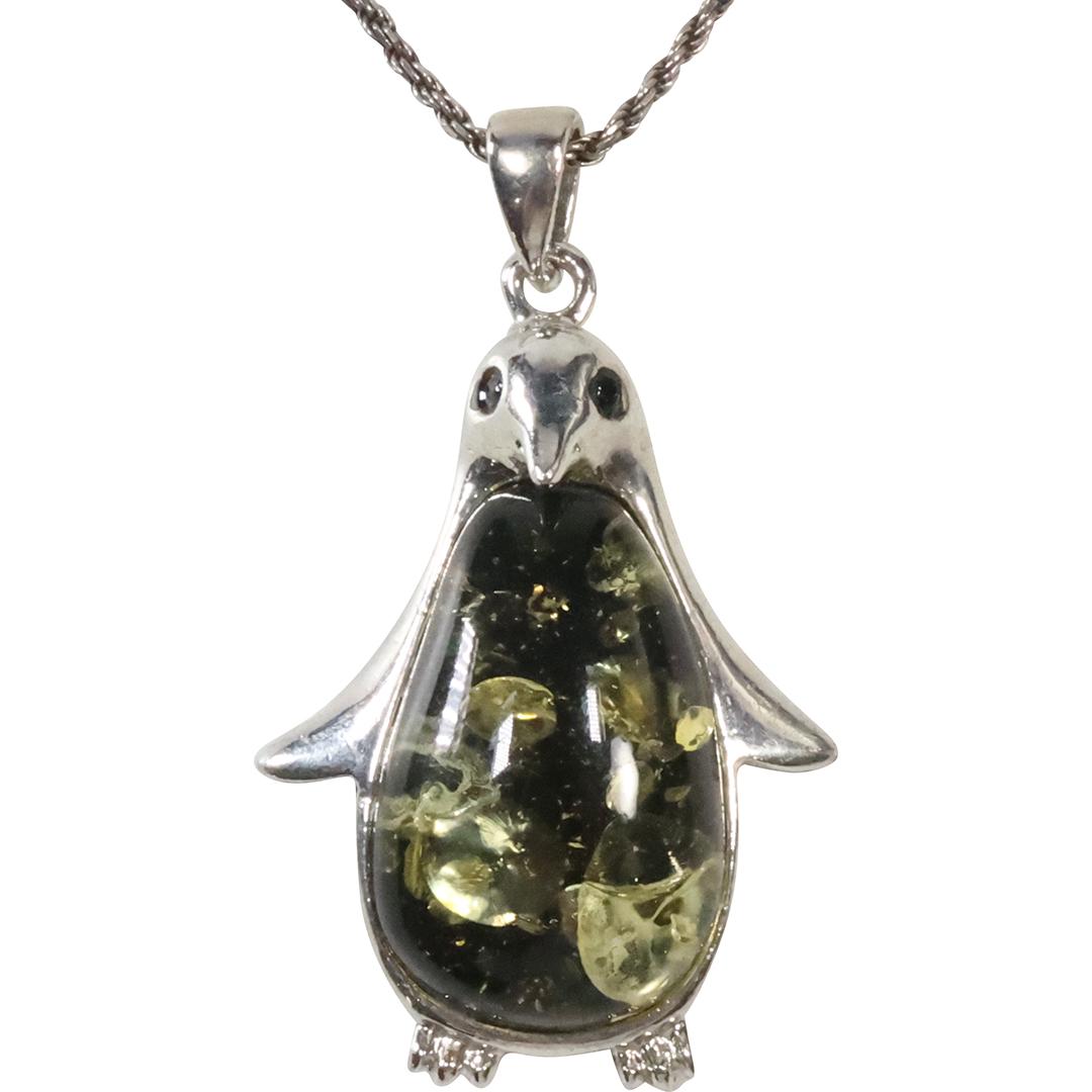 .925 Sterling Silver Chain with Reconsituted Amber Penguin Pendant 2 3/8 in. x 1 3/8 in. (1 of 7)