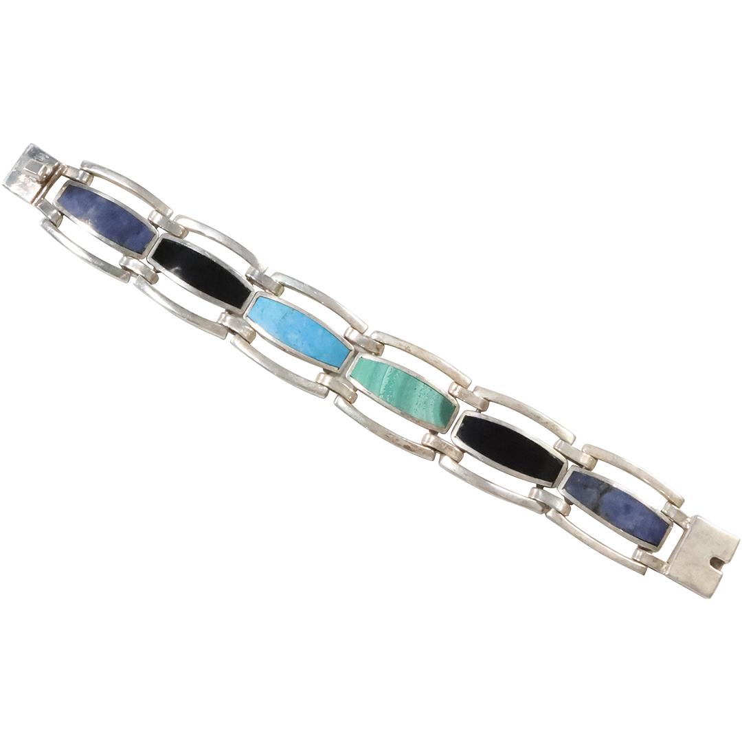 Mexico TD-49 .925 Sterling Large Panels Link Bracelet Sterling, Lapis, Malachite, Black Onyx (1 of 9)