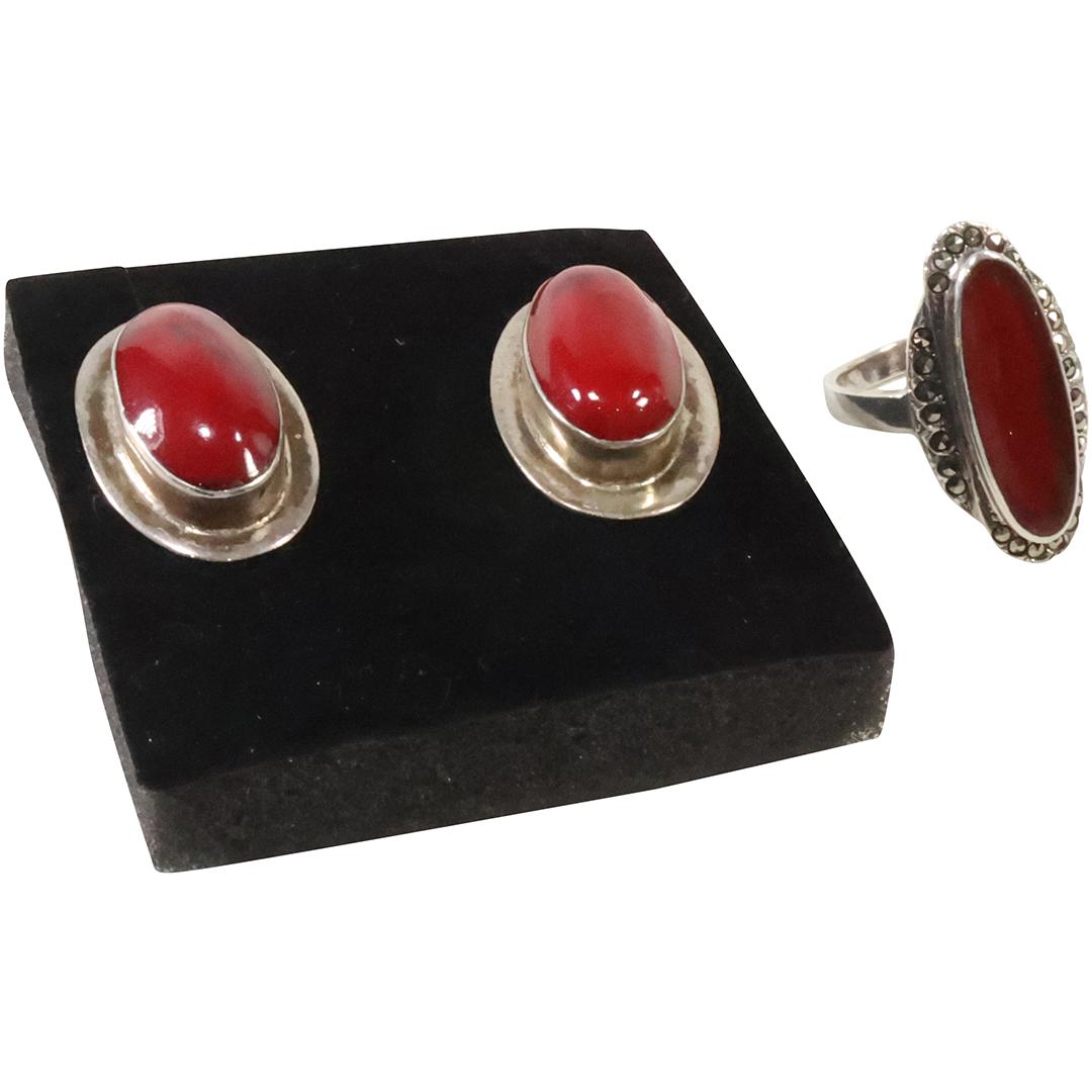 .925 Sterling Cornelian Agate Ring Size 7.75 & .925 TA-11 Mexican Howlite Earrings (1 of 11)