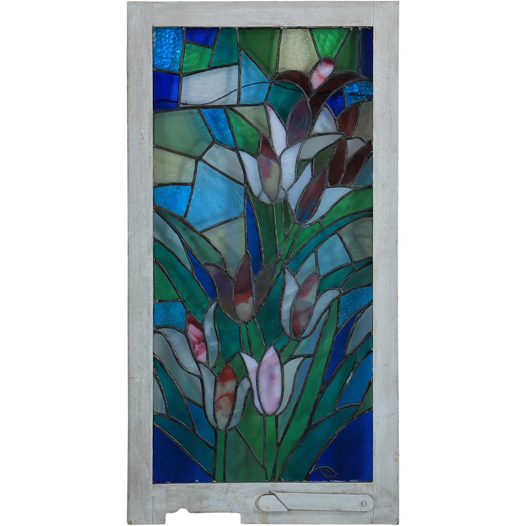 Vintage Stain Glass and Leaded Window Multi Colors Tulips Flowers, 29 inches x 15 inches (1 of 16)