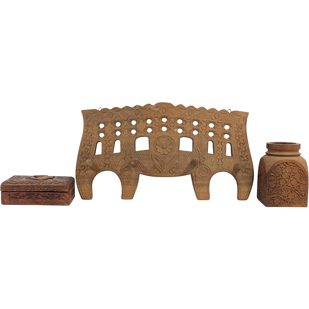 3-Pcs Intricate Carved India Teakwood Panel, Covered Box, Jar (1 of 20)