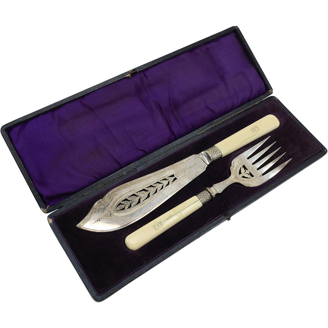 19th C. Continental Hallmarked Silver 2 Piece Cutlery Set with Bone Handles in Box: 19th C. Continental Hallmarked Silver 2 Piece Cutlery Set with Bone Handles in Box. size: 1.75 in. x 14 in. x 4.25 in. (box) 9 in. x 2 in. (fork) 12 in. x 2 in. (knife) THIS AUCTION HAS SPECIAL PICK U