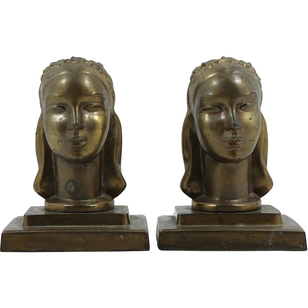FRANKART INC Pat Appl. Art Deco Woman's Head Bookends Original Finish (1 of 17)