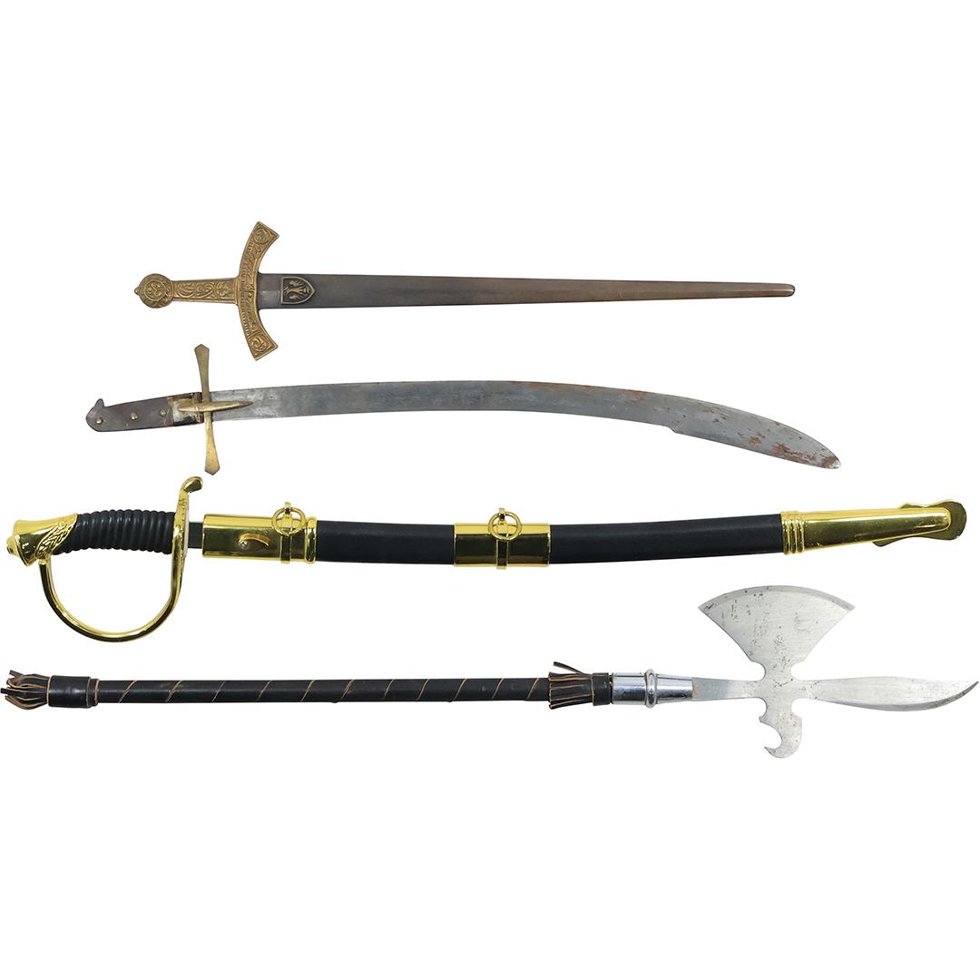 [4] Unusual Size Smaller Lengths SWORDS: [4] Unusual Size Smaller Lengths SWORDS. size: hatchet-18x.75 falcon sword-12.75x2.75 cross handle-14.75x2.62 sheath sword-18x3.5 THIS AUCTION HAS SPECIAL PICK UP DATES SPECIAL PICK UP DATES AND TIME-