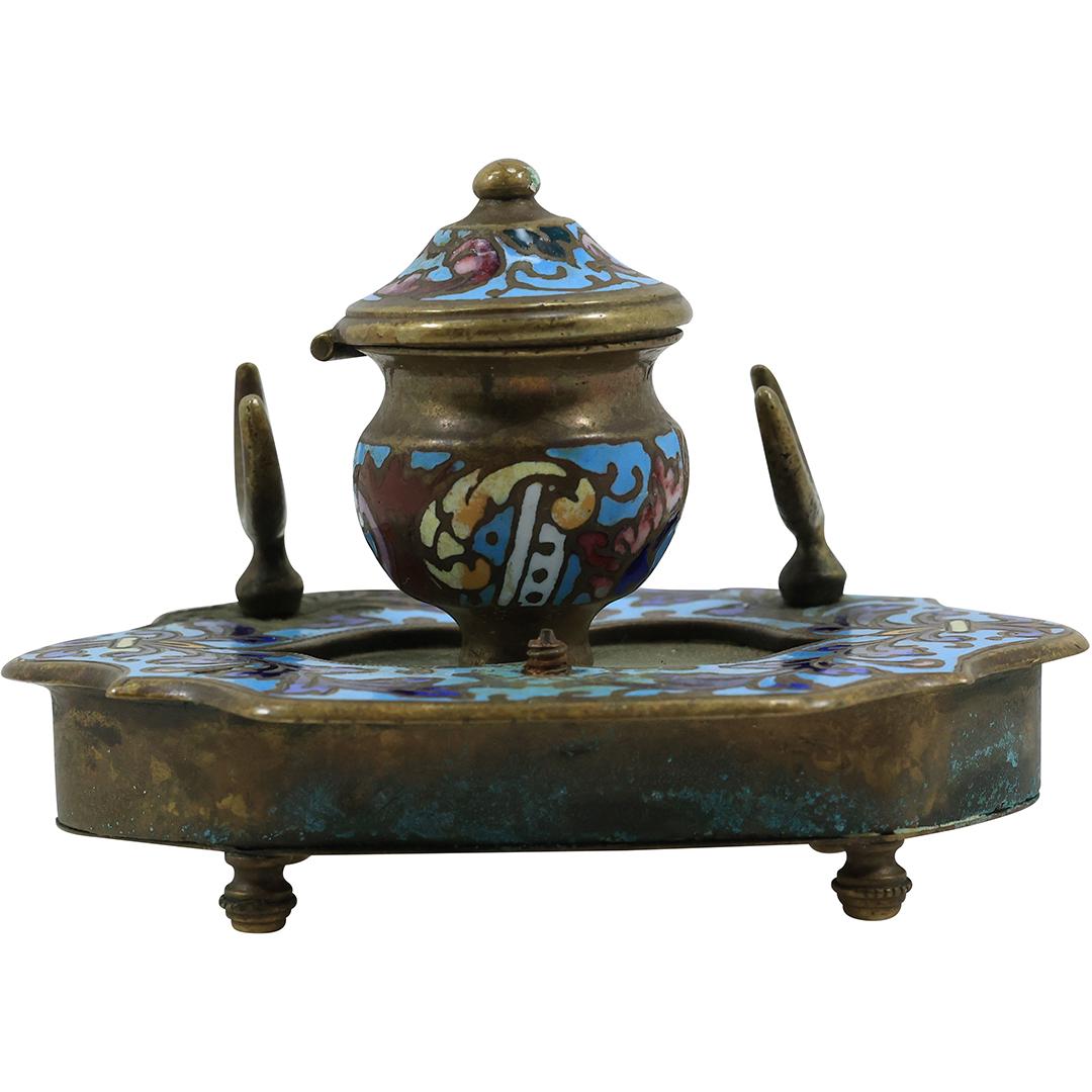 19th C. Bronze and Cloisonne Desk Top Inkwell Pen Rest (1 of 19)