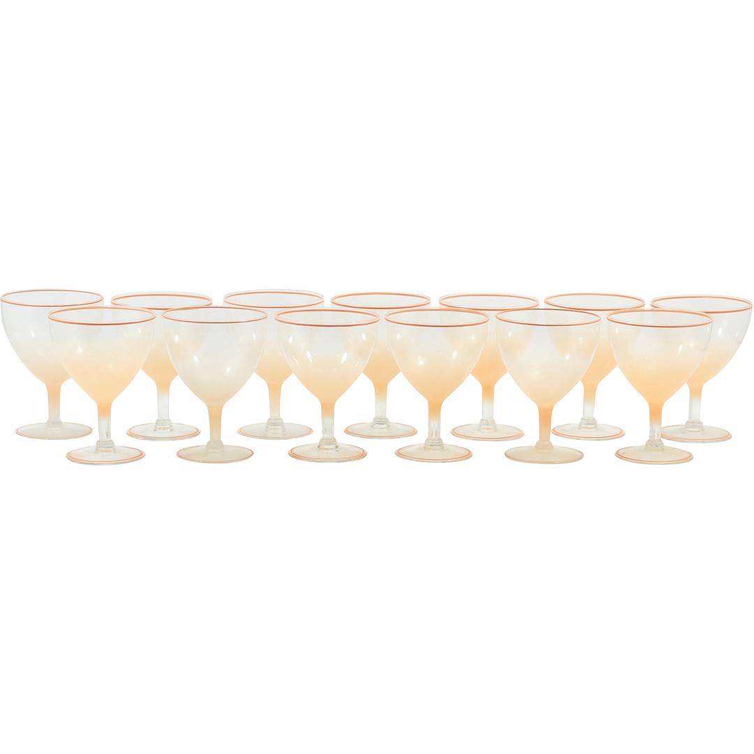 [13] Frosted Peach Color Cocktail Stemware Glasses: [13] Frosted Peach Color Cocktail Stemware Glasses. size: 5.5in. X 4 in. THIS AUCTION HAS SPECIAL PICK UP DATES SPECIAL PICK UP DATES AND TIME-LINE, W/ EXTENDED PICK UPS. 5/22 Mon: Auction Day - No av
