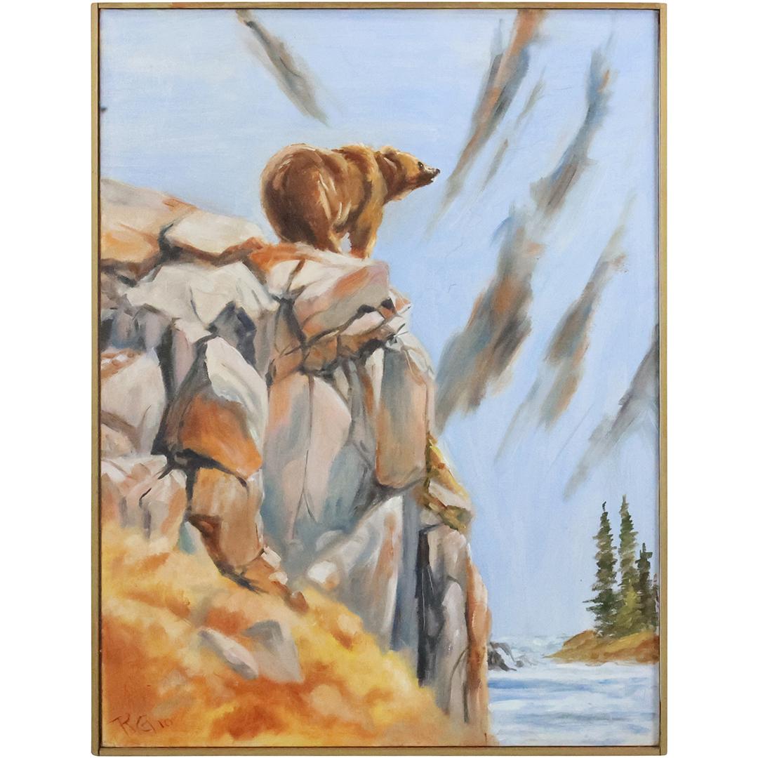 20th C. Oil on Canvas Painting Grizzly Bear on Cliff, Signed with Initials (1 of 12)